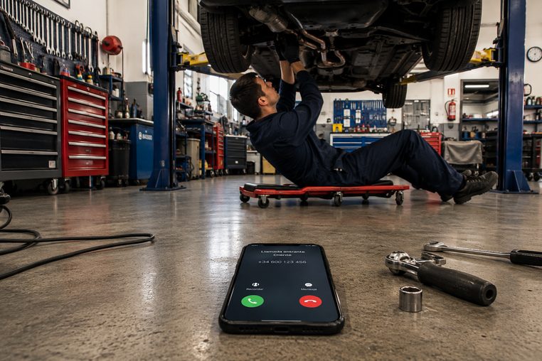 Móvil con una llamada entrante en el suelo del taller mientras un mecánico trabaja bajo un coche